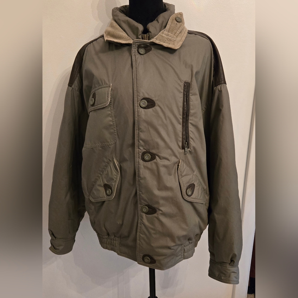 Mighty Mac Vintage Mens Green Bomber Jacket With Leather Corduroy Accents Sz 42